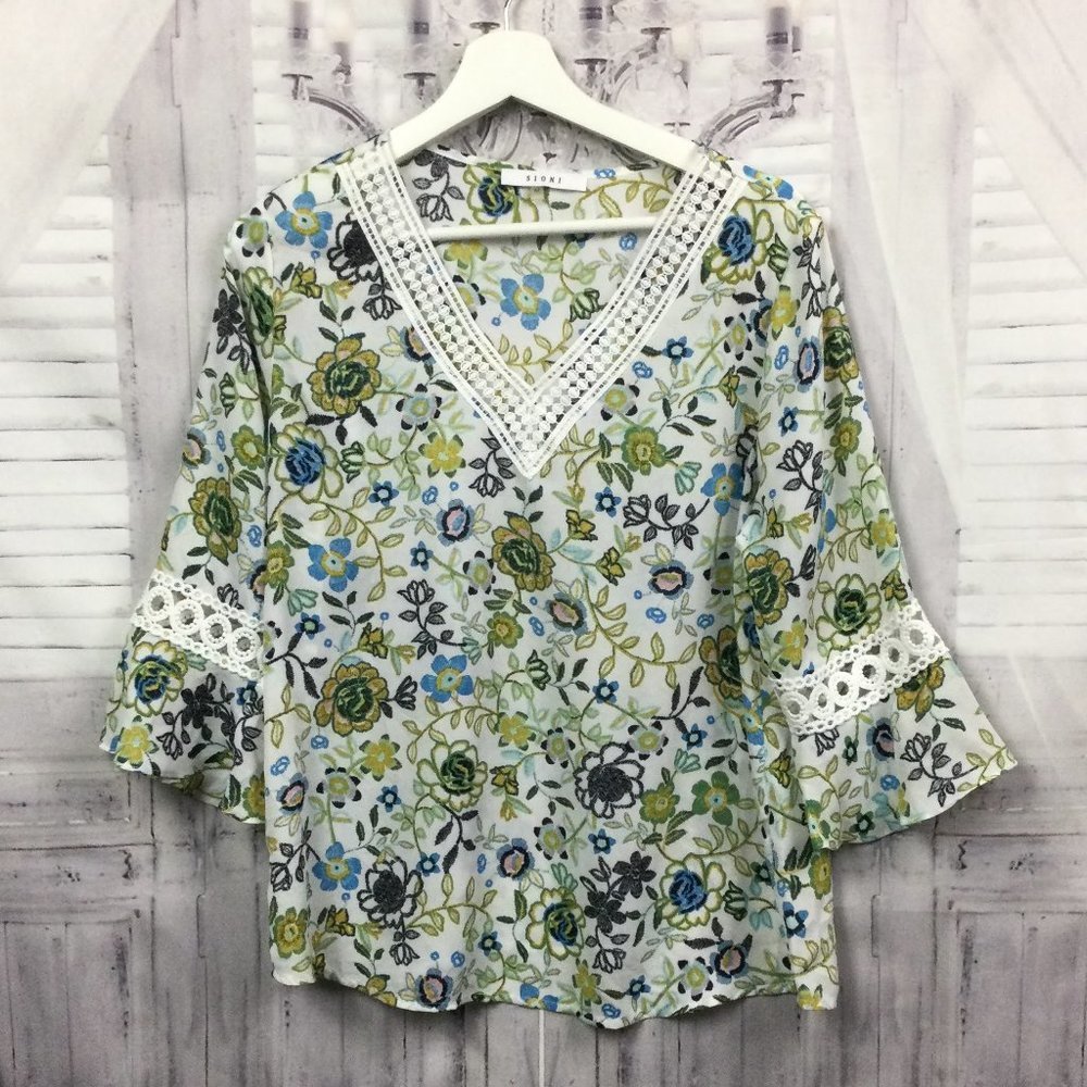 Sioni Floral Blouse V neck 3/4 Sleeves M